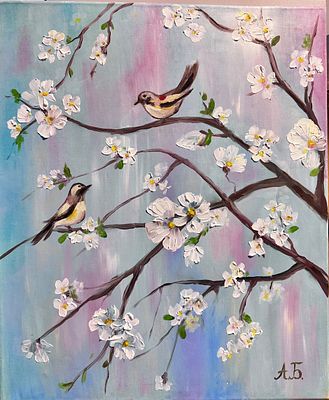 Алла Булгакова. Весенний диалог. Холст, масло. 46 х 55. 
Цветущие ветви, аромат весны 