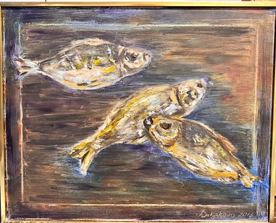 Алла Булгакова. Три воблы. Холст, масло, оформлена в багет. 40 х 50.
Три воблы. Три загадки. 