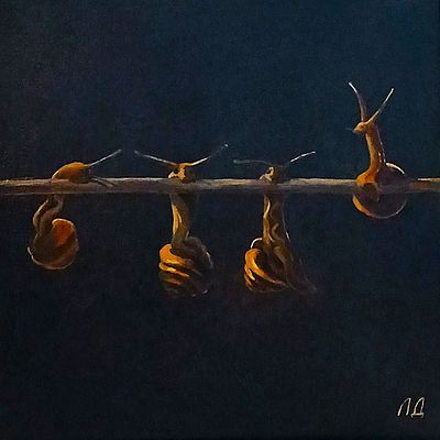 Лариса Дутова. Улитки. Масло, холст на подрамнике. 30 х 30 см. 2025 г.
Лариса Дутова. По первой 