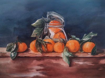 Лариса Дутова. Натюрморт с мандаринами. Акварель, бумага. 35 х 50 см. 2024 г. 
Лариса Дутова. 