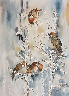 Лариса Дутова. Начало зимы. Воробьи. Акварель, бумага. 40 х 30 см. 2025 г. 
Лариса Дутова. По 