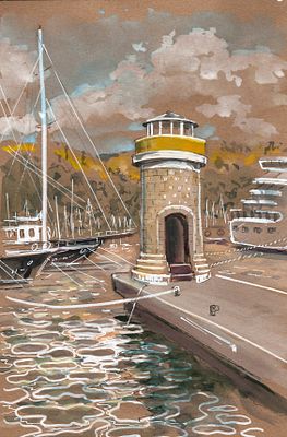 Ольга Качановская. Маяк в порту. Серия Мармарис. Картон, смешанная техника (акварель, гуашь 