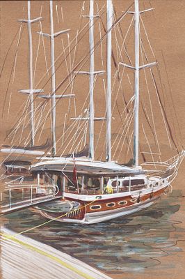 Ольга Качановская. Яхты в порту. Серия Мармарис. Картон, смешанная техника (акварель, линеры). 