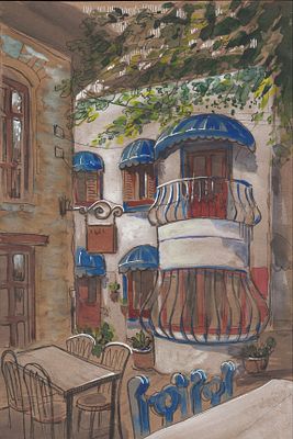 Ольга Качановская. В греческом квартале. Серия Мармарис. Картон, смешанная техника (акварель 