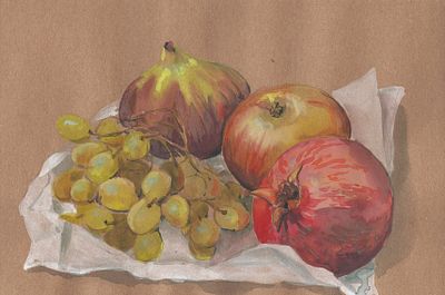 Ольга Качановская. Южные фрукты. Серия Мармарис. Картон, смешанная техника (акварель, линеры). 