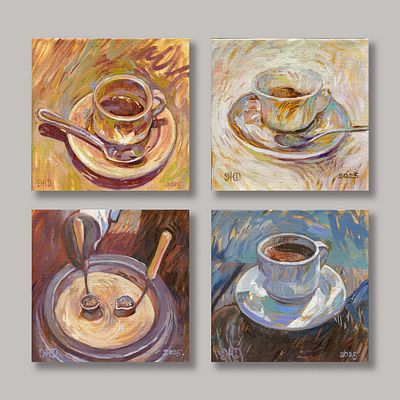 Юлия Жуковская. Квадриптих &laquo;Чашечка кофе&raquo;. Холст на подрамнике, масло. Каждая 18 х 18 см. Можно 