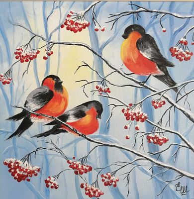 Екатерина Арно. Рябина и снегири. Холст, масло, оформлена в багет. 30 х 30 см. 2018 г. 