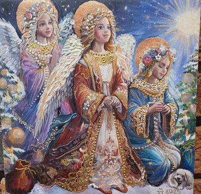 Наталья Михеева. Ангелы исполняющие детские мечты. Холст, акрил, смешанная техника, поталь, 30 