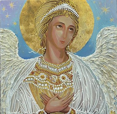 Наталья Михеева. Ангел умиротворения. Холст, акрил, смешанная техника, поталь, 30 х 30 см, 2024 