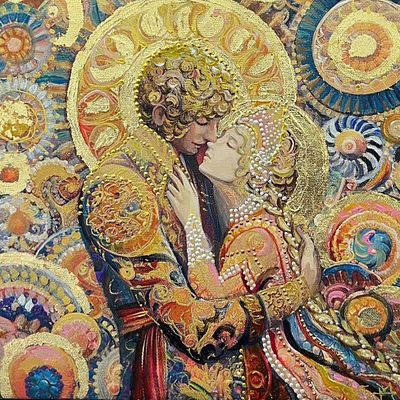 Наталья Михеева. Божественное таинство любви. Холст, акрил, смешанная техника, поталь, 30 х 30 