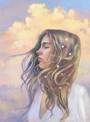 Ксанф Элионора - Пауза. Холст, масло, вышивка, 60х45см., 2025г Художник, графический дизайнер.