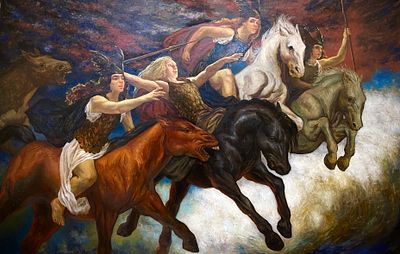 Вологдина Варвара - Полёт Валькирий. 120:185 см. Холст, масло/2023 год 2013-2018 гг. — учеба в 