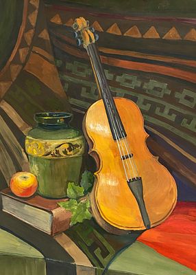 Баирова Елена - Натюрморт со скрипкой. Бумага, гуашь, 30х40 см, 2023 г Закончила МЭИ в 1980г 