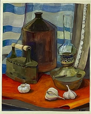 Баирова Елена - Деревенский натюрморт. Бумага, гуашь, 30х40,2023 Закончила МЭИ в 1980г, среднее 