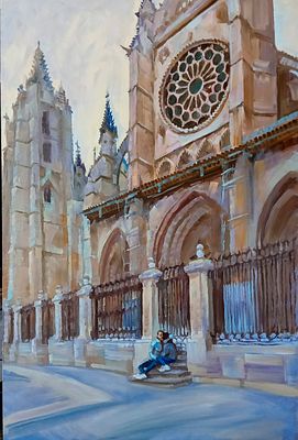 Добровольская Гаянэ - Испания, Леон, влюбленные у собора. 90см x 60см, холст/масло, 2024 г. Член 