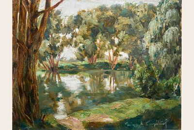 Пожедаев Григорий Анатольевич - Летний пейзаж с видом на озеро. Картон, масло, 50,1х65см 