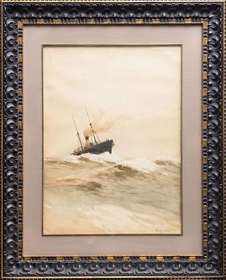 Досекин Николай Васильевич - Пароход в открытом море. Бумага, сепия, кисть, 63.5Х47 (в свету) 