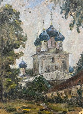 Н/х - Пейзаж с церковью. Оргалит, масло, 43х32см