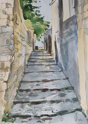 Саллинен Елена - Лестница. Бумага, линеры, акварель. 30х20, 2022 Художник, педагог.ЛГПИ им. 