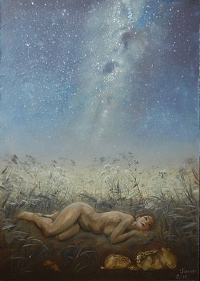 Гаяне Добровольская - Страх космоса. оргалит/масло 60см x 40см 2011 г. В траве лежит обнаженная 