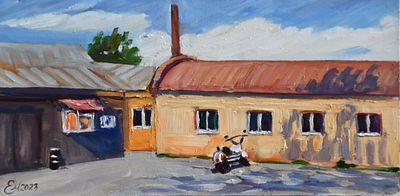 Мухортова Екатерина Сергеевна - В мотоцентре. Этюд 20х40см холст, масло, 2023г. Член 