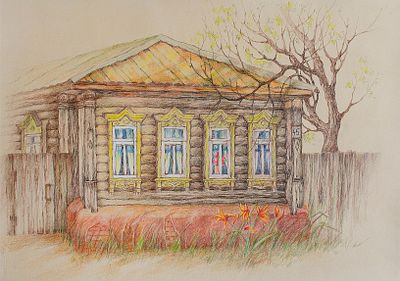 Татьяна Криволапова - Подольск. Дом №37 на ул.Карла Маркса. 29х42 см. Бумага, цветные карандаши. 2025