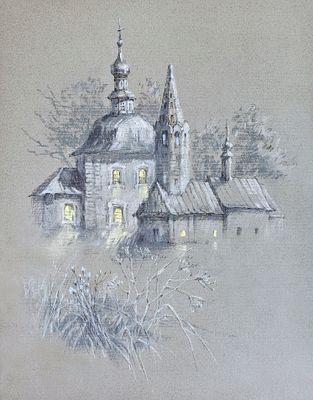 Татьяна Криволапова - Суздаль. Церкви Богоявления и Иоанна Предтечи. 42х29 см. Бумага, пастель. 2025 г.