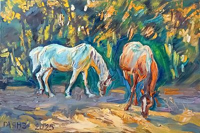 Добровольская Гаянэ - 2. Лошадки пасутся. холст/масло/ 42см x 60см/ 2025 г. / Гаянэ Добровольская 