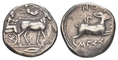 Сицилия, Мессана тетрадрахма 450-446 гг. до н.э. (артикул 00-813-16). возница в биге