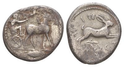 Сицилия, Мессина тетрадрахма 445-439 гг. до н.э. (артикул 662-25). Нике, летящая над бигой/заяц