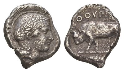 Лукания, Фурии номос 420 г. до н.э. (артикул 00-813-43). голова Афины/бык, 7,75 гр серебро SNG