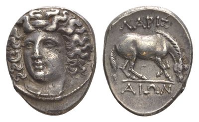 Фессалия, Ларисса драхма 356-342 гг. до н.э. (артикул 00-813-38). голова нимфы Лариссы/лошадь