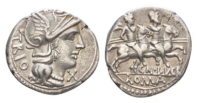 Римская Республика денарий 136 г. до н.э. (артикул 662-8). монетарий Гн. Лукреций Трион, TRIO