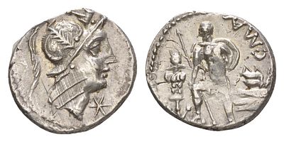 Римская Республика денарий 118 г. до н.э. (артикул 662-10). монетарий Маллеол, голова Ромы/C