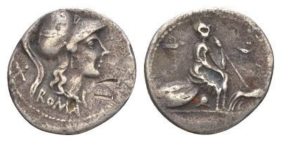 Римская Республика денарий 115-114 гг. до н.э. (артикул 662-9). ROMA, голова Ромы/Рома, сидящая