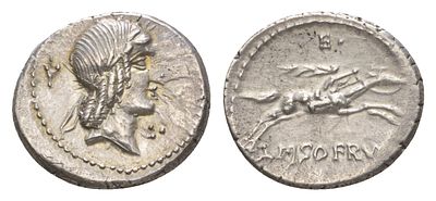 Римская Республика денарий 90 г. до н.э. (артикул 662-7). монетарий Пизон Фруги, голова