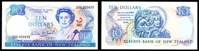 Новая Зеландия 10 долларов 1990 (артикул 451-1210-3). 150-летие - Мирный договор Вайтанги 