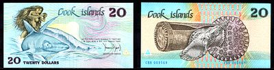 Острова Кука 20 долларов ND (1987) (артикул 451-1211-1). "Ина и акула" (полинезийская легенда) 
