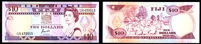 Фиджи 10 долларов ND (1989) (артикул 451-1209-1). Елизавета II (1952-2022) Pick 92 a бумага UNC 