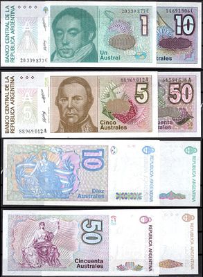 Аргентина лот из 4 банкнот (1, 5, 10 и 50 аустралей) ND (1986-1989) (артикул 416-21-2-2). Pick 
