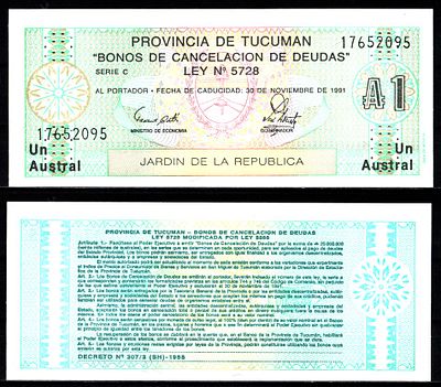 Аргентина, Тукуман 1 аустраль 1991 (артикул 415-1-2-2). Pick S2711 b (1) бумага UNC (пресс)