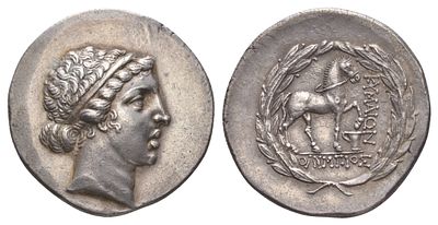 Эолида, Кима тетрадрахма 160 г. до н.э. (артикул 00-903-95). магистрат Олимпий, голова амазонки 