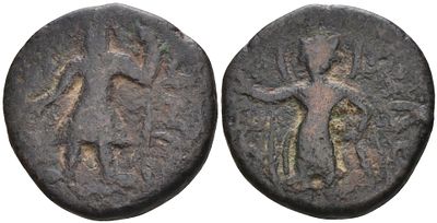 Кушанское Царство драхма 127 - 151 (артикул 1073-19-87). Канишка, царь у алтаря / Мах, лунное 