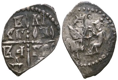 Великий Новгород денга 1420-1447 (артикул 262-111). ВЕЛIКОГО NОBAГОРОДА / сцена оммажа серебро 