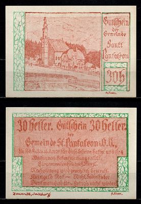 Австрия (Община Санкт-Панталеон) 30 геллеров 1920 (артикул 7555-21-2-1). Jaksc/Pick# JPR0921-30 