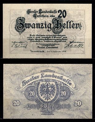 Австрия (Федеральная земля Тироль) 20 геллеров 1919 (артикул 7555-8-2-1). Jaksc/Pick# 0408-20 