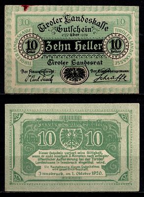 Австрия (Федеральная земля Тироль) 10 геллеров 1920 (артикул 7555-9-4-1). Jaksc/Pick# 0411-10 
