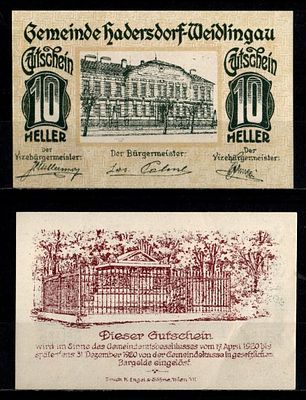 Австрия (Хадерсдорф-Вайдлингау) 10 геллеров 1920 (артикул 7555-14-2-1). Jaksc/Pick# JPR0326-10 