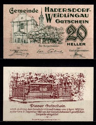 Австрия (Хадерсдорф-Вайдлингау) 20 геллеров 1920 (артикул 7555-18-3-1). Jaksc/Pick# JPR0326-20 