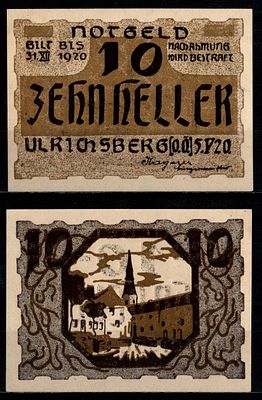 Австрия, Ульрихсберг 10 геллеров 1920 (артикул 7555-49-2-1). Jaksc/Pick# JPR1091a-10 бумага 